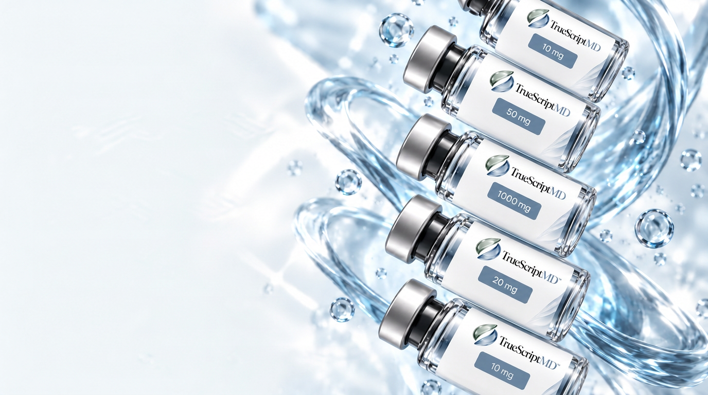 Five silver-capped TrueScriptMD glass vials with brand and strength labels, without peptide names, among clear water ribbons